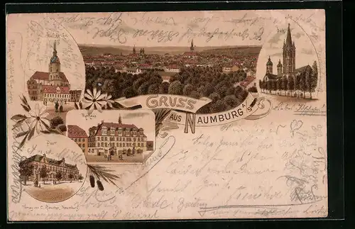 Lithographie Naumburg a. S., Rathaus, Dom, Stadtkirche