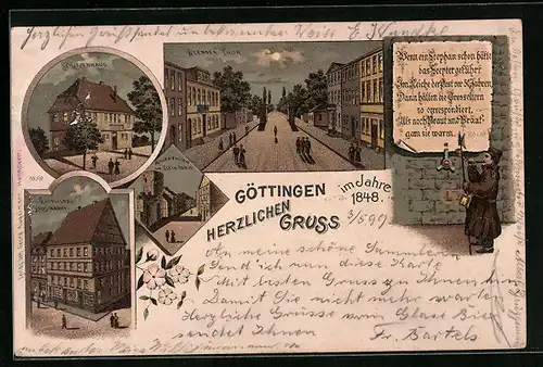 Lithographie Göttingen, Kaufgilde Haus-Markt, Schützenhaus, Weender Tor bei Mondschein