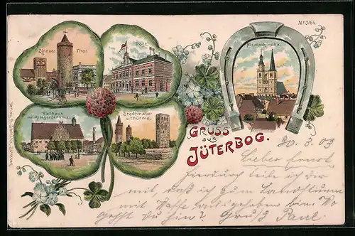 Lithographie Jüterbog, Rathaus mit Kriegerdenkmal, Nikolaikirche, Zinnaer Tor
