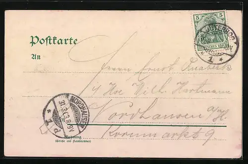 Lithographie Jüterbog, Rathaus mit Kriegerdenkmal, Nikolaikirche, Zinnaer Tor