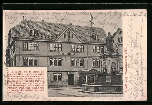 AK Nordhausen a. H., Gasthof zum Riesenhaus Fr. Kaatz am Lutherplatz mit Brunnen