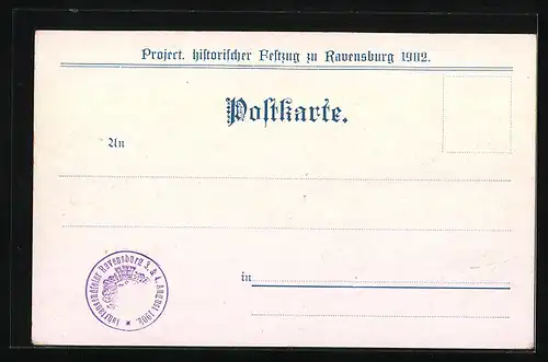 Lithographie Ravensburg, Project. historischer Festzug 1902, Carl der Grosse mit Gemahlin Hildegard um 770