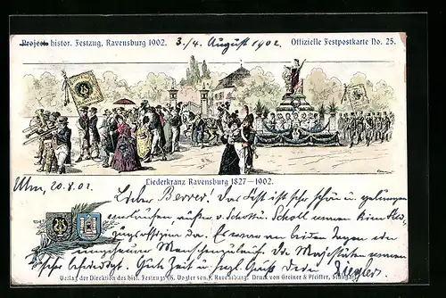 Lithographie Ravensburg, Project. historischer Festzug 1902, Liederkranz Ravensburg 1827-1902