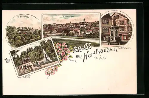 Lithographie Nordhausen, Wilhelmshöhe, Lutherbrunnen, Gehege