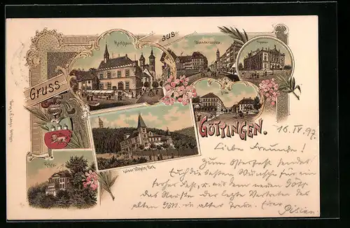 Lithographie Göttingen, Rathaus, Theater, Kaiser Wilhelm-Park