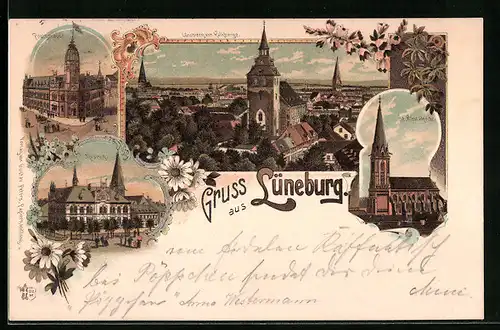 Lithographie Lüneburg, St. Nicolaikirche, Museum, Postgebäude