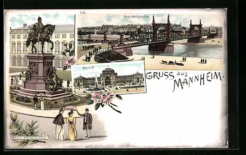 Lithographie Mannheim, Bahnhof, Neue Neckarbrücke, Kaiser Wilhelm I.-Denkmal