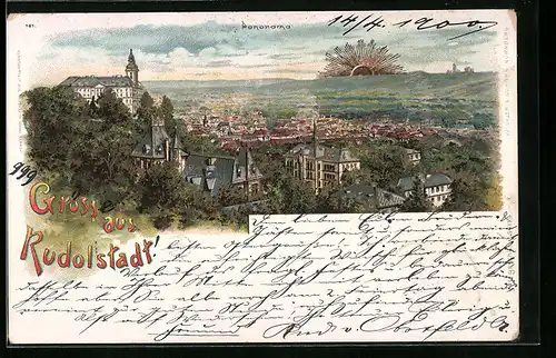 Lithographie Rudolstadt, Panorama mit Sonnenaufgang