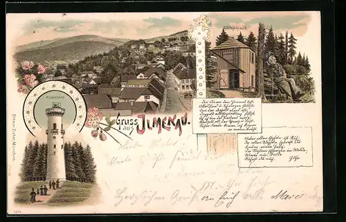 Lithographie Ilmenau, Kickelhahn, Göthe-Haus, Gesamtansicht