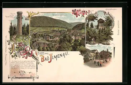 Lithographie Bad Ilmenau, Schwalbenstein, Wasserheil-Anstalt, Thurm auf dem Kickelhahn