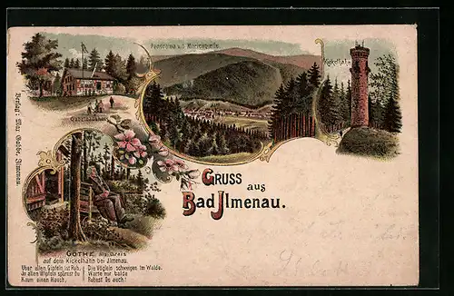 Lithographie Bad Ilmenau, Panorama von der Marienquelle, Kickelhahn, Gasthaus Gabelbach