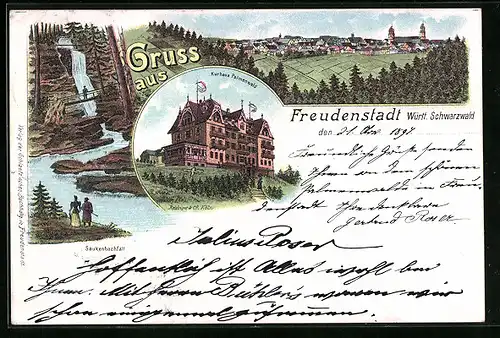 Lithographie Freudenstadt, Gesamtansicht, Saukenbachfall, Kurhaus Palmenwald