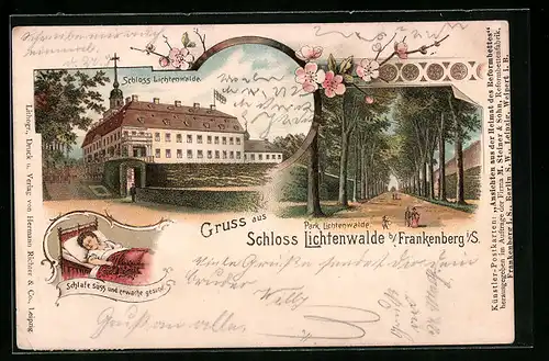 Lithographie Frankenberg i. S., Schloss Lichtenwalde, Park, Schlummerndes Kind