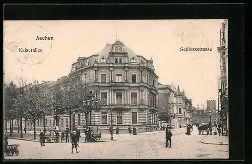 AK Aachen, Kaiserallee und Schlossstrasse mit Passanten