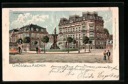 Lithographie Aachen, Kaiserplatz mit Brunnen