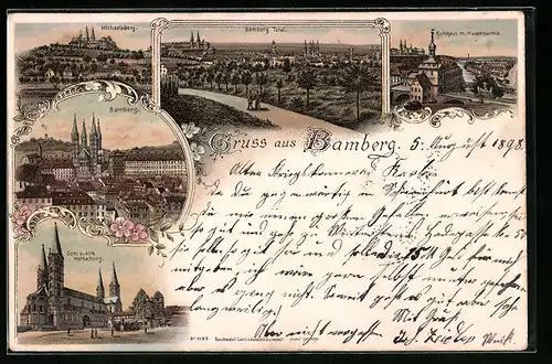 Lithographie Bamberg, Dom und alte Hofhaltung, Rathaus mit Wasserpartie, Michaelsberg