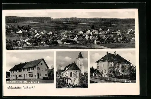 AK Scherstetten /Schwab., Bäckerei und Handlung Gg. Grotz, Kirche, Schule