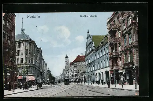 AK Berlin-Neukölln, Berlinerstrasse mit Restaurant und Strassenbahn