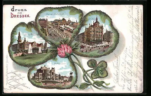 Passepartout-Lithographie Dresden, Hauptbahnhof, Kaiser-Palst und Hoftheater im Kleeblatt