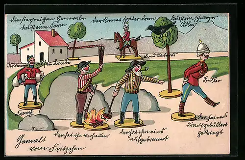 AK Spielzeugsoldaten- und Farmer beim Feuermachen