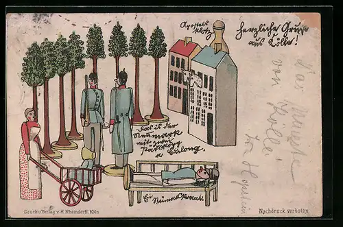 Lithographie Köln, Spielzeugsoldaten- und Frau mit Kinderwagen