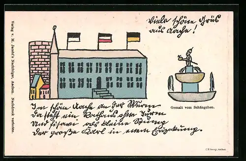 Lithographie Aachen, Ortspartie mit Brunnen, Holzspielzeug
