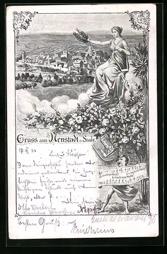 Lithographie Neustadt a. Saale, Ortsansicht aus der Vogelschau