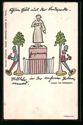 Künstler-AK Aachen, Denkmal und Trinker nach Art von Holzspielzeug dargestellt