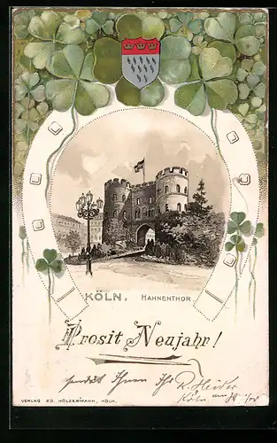 Passepartout-Lithographie Köln, Hahnenthor mit Wappen und Glücksklee