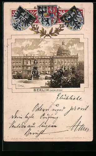 Passepartout-Lithographie Berlin, Blick auf das Schloss, Wappen