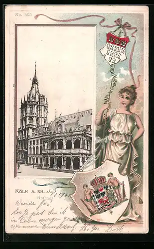 Passepartout-Lithographie Köln a. Rh., Rathaus und Wappen