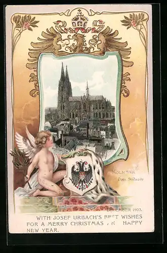 Passepartout-Lithographie Köln a. Rh., Dom von der Südseite, Wappen