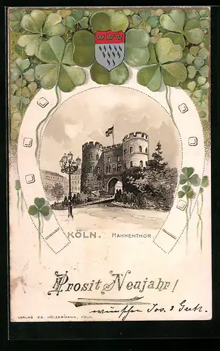 Passepartout-Lithographie Köln, Hahnenthor, Wappen mit Glücksklee