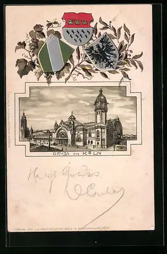 Passepartout-Lithographie Köln, Bahnhof und Wappen