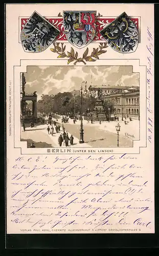 Passepartout-Lithographie Berlin, Unter den Linden, Wappen