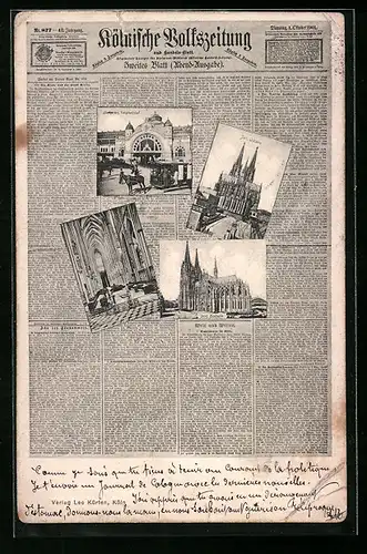 Zeitung-AK Köln, Kölnische Volkszeitung, Hauptbahnhof, Dom