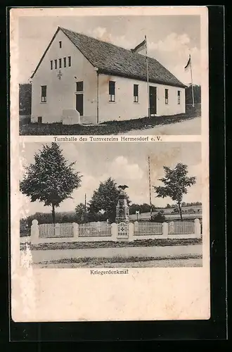 AK Hermesdorf, Turnhalle des Turnvereins Hermesdorf e. V., Kriegerdenkmal
