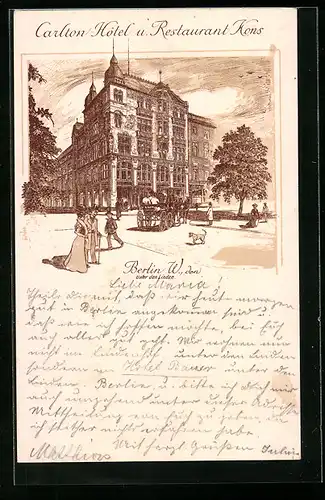 Lithographie Berlin, Carlton Hotel u. Restaurant Kons, Unter den Linden