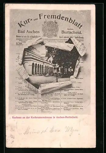 Zeitung-AK Aachen-Burtscheid, Kur- und Fremdenblatt, Kurhaus an der Kurbrunnenstrasse