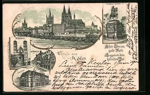 Lithographie Köln, Theater, Kirche St. Gereon, Gürzenich