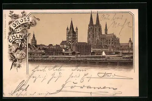 Lithographie Köln, a. Rh., Uferpartie mit Dom