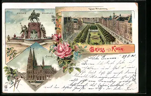 Lithographie Köln, Dom, Kaiser Wilhelm I., Strasse Kaiser Wilhelmring