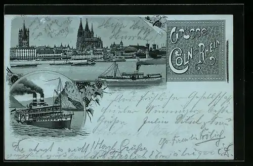 Mondschein-Lithographie Köln a. Rhein, Uferpartie mit Dom, Dampfer in Fahrt