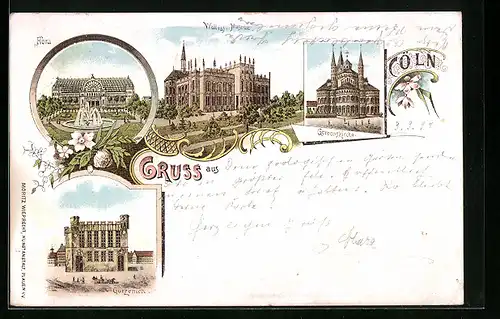 Lithographie Köln, Wallraf-Museum, Gereonskirche, Gürzenich