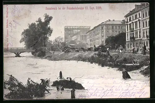 AK München, Dammbruch bei der Fraunhoferbrücke 1899, Unwetter