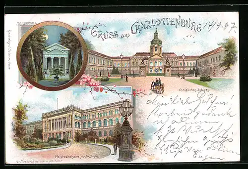 Lithographie Berlin-Charlottenburg, Köngiliches Schloss, Polytechnische Hochschule, Mausoleum I. bei Mondschein
