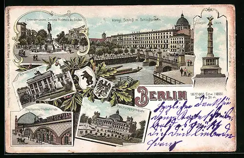 Lithographie Berlin, Königliches Schloss mit Schlossbrücke, Reichstagsgebäude, Stadtbahnhof Friedrichstrasse