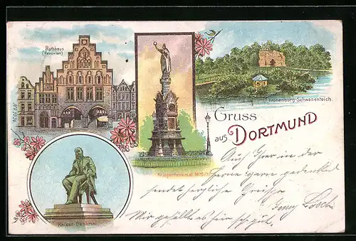 Lithographie Dortmund, Rathaus, Kronenburg-Schwanenteich, Kaiser-Denmal