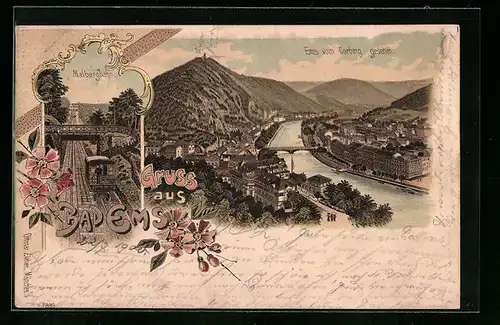 Lithographie Bad Ems, Ortsansicht vom Curberg aus, Malbergbahn