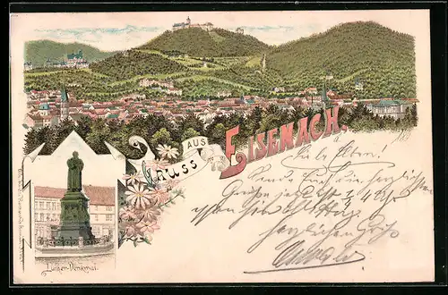 Lithographie Eisenach, Gesamtansicht aus der Vogelschau, Luther-Denkmal